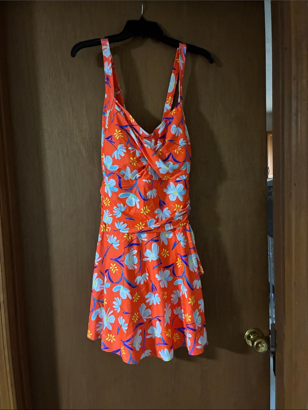 Floral Orange One-Piece Swimdress with Blue & Yellow Bloom Print